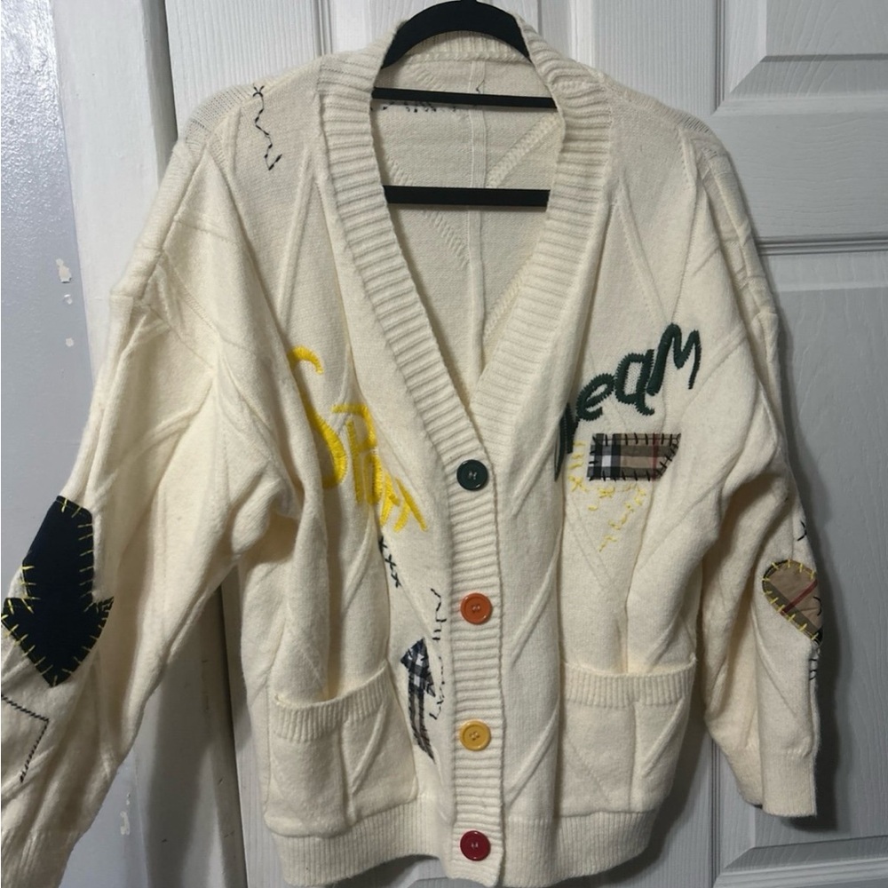 Women's Cream Cardigan with Multicolor Buttons